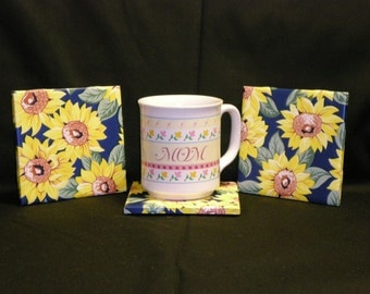 Set of four 4 x 4 Square Colorful Coasters, Sunflowers on Blue Background - Contact Paper