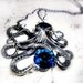 Steampunk Octopus Necklace Bermuda Blue Swarovski Crystal, Silver Plated Octopus Oxidized Sterling Silver