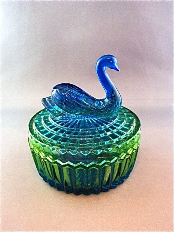 Vintage Blue/Green Flash Glass Swan Covered by vinestreetvintage