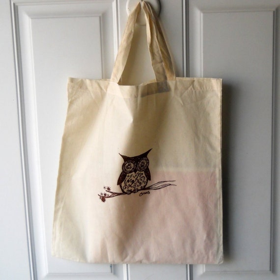 Owl On a Branch cotton muslin Tote or Reusable Shopping Bag, Light ...
