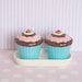 Salt and Pepper Shakers Set come with Its own Tray - Chocolate Fudge and Strawberry Topping with Strawberry on Blue Cup Cake Ceramic