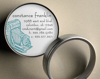 Vintage Camera - 50 CUSTOM Round Calling Cards/ Business Cards or Tags in Tin