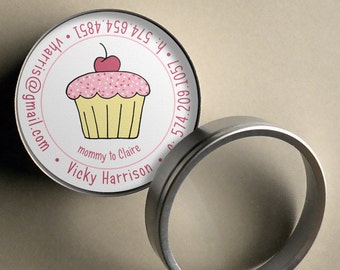 Cute Cupcake - 50 CUSTOM Round Calling Cards/ Business Cards/ Tags in Tin