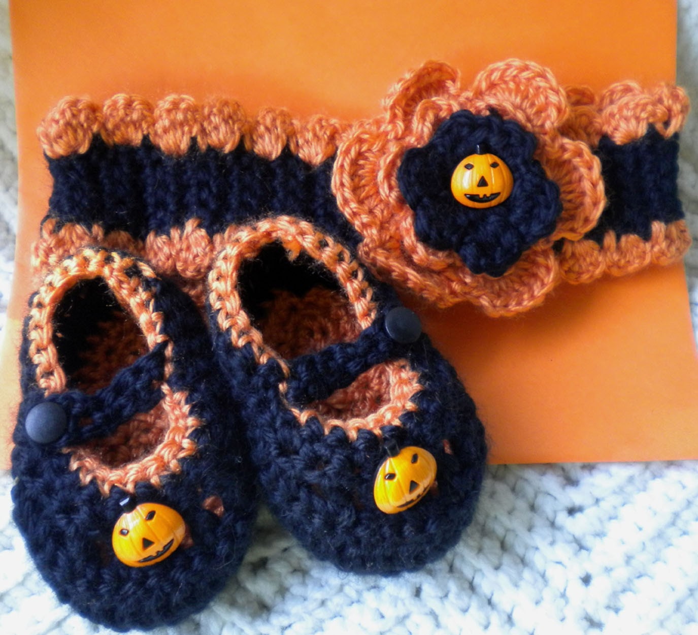 Halloween Crocheted Maryjanes & Headband Infant Size Pumpkin