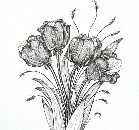 Tulips Pen and Ink Original Drawing by jodidoodles on Etsy