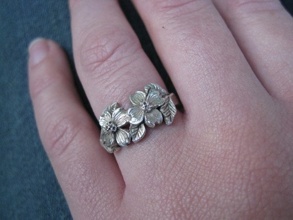 Dogwood Flower Ring Hand Finished Sterling Silver