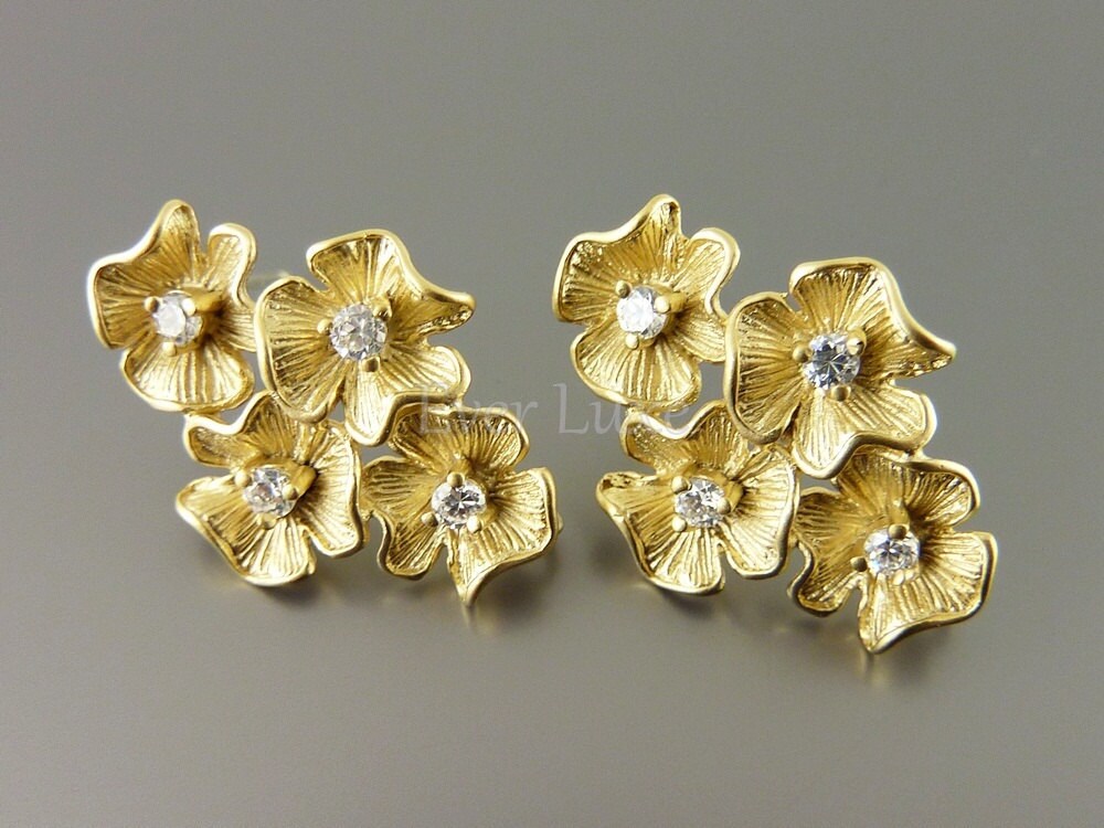 2 Flower bouquet earrings matte gold CZ Cubic Zirconia by EverLuxe
