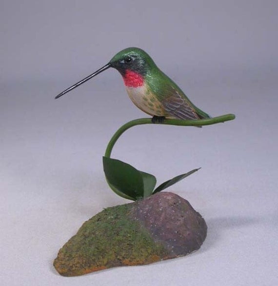 Ruby-throated Hummingbird Hand Carved Wooden Bird