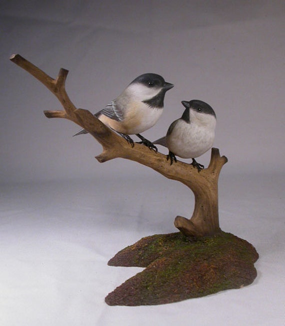 Pair of Chickadee Hand Carved Wooden Bird