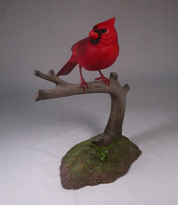 Male Northern Cardinal Hand Carved Wooden Bird on by jjstudio