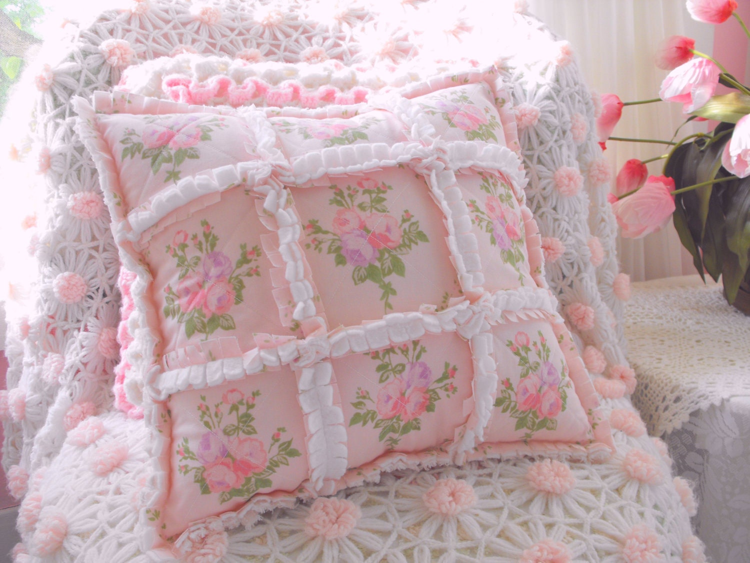 pink shabby cottage roses sheet fabric and chenille rag style pink shabby cottage roses sheet fabric and chenille rag style