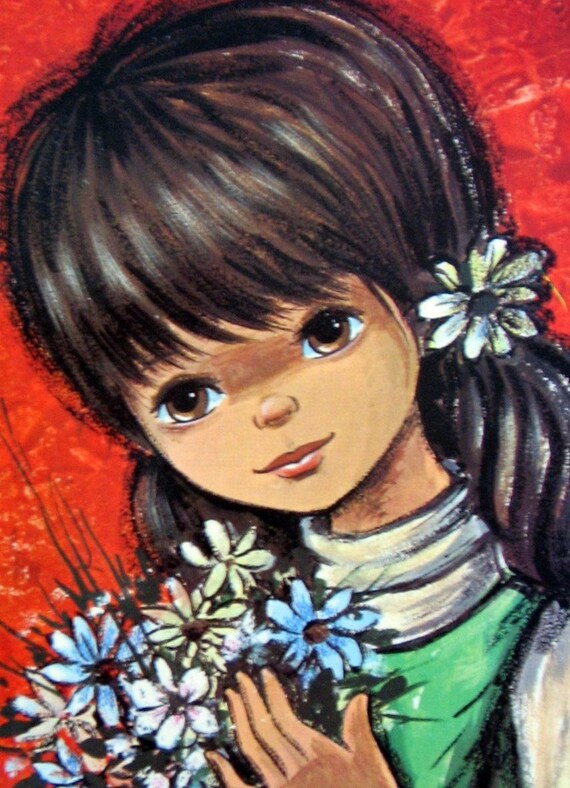 Vintage 70s Big Eyed Girl Postcard