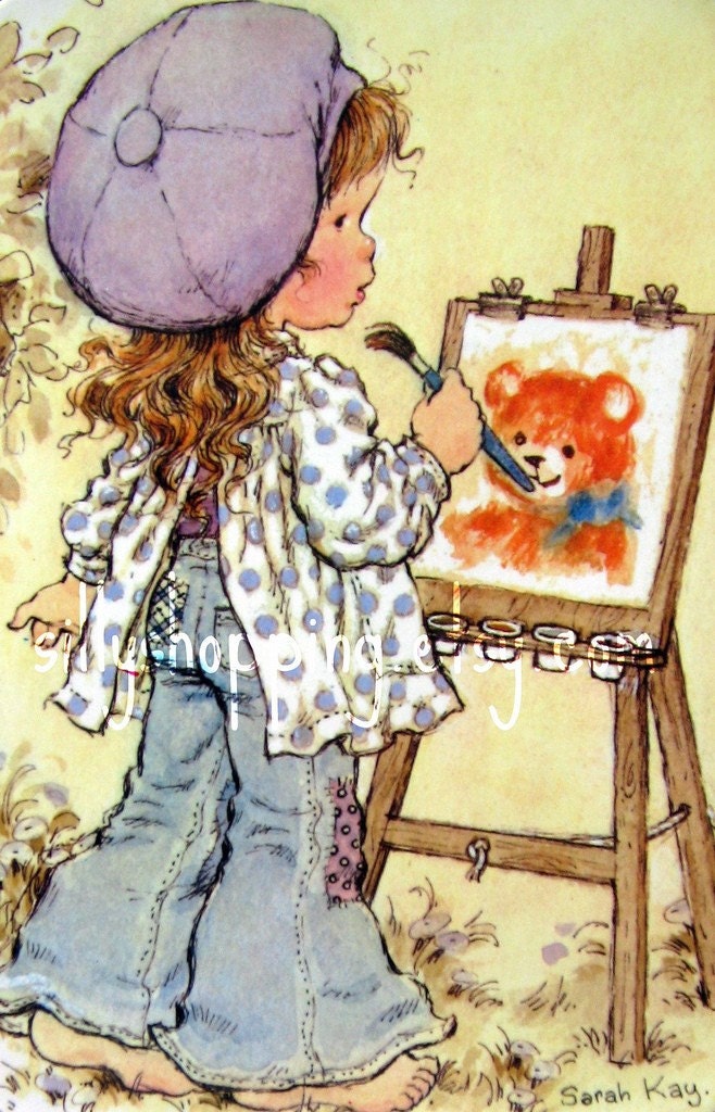 Vintage 70s Sarah Kay Cute Girl Painting Postcard