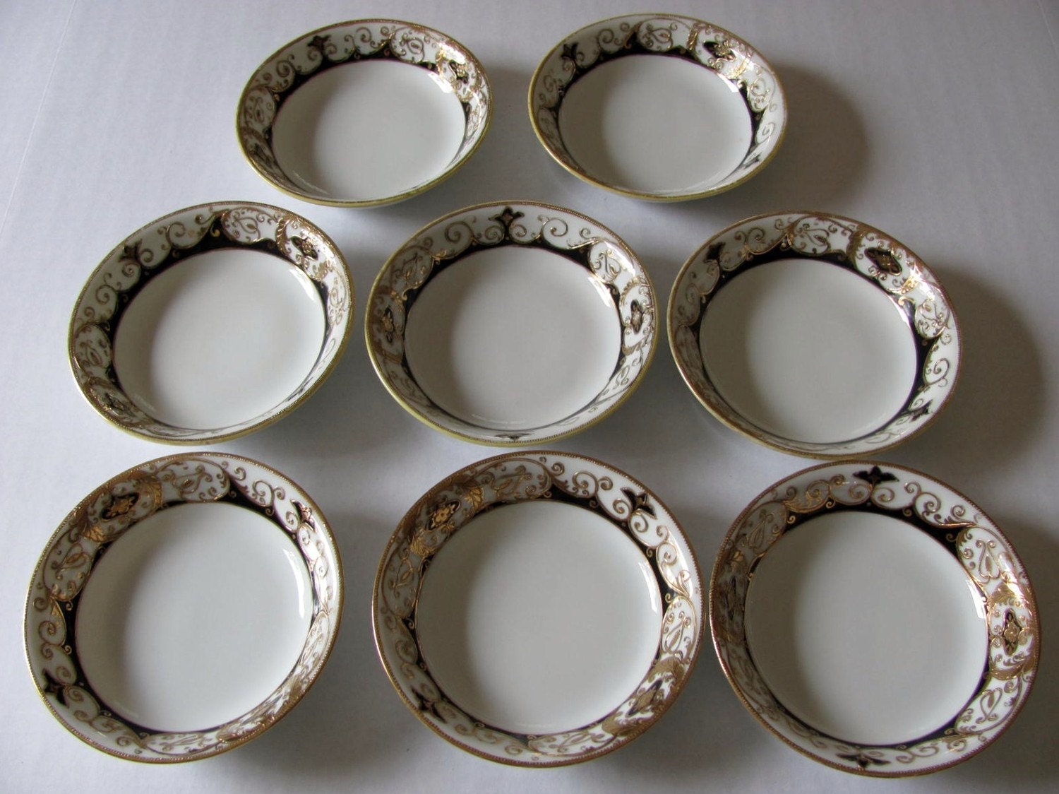 8 Antique Noritake China Black and Gold Fruit Bowls