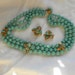 Unsigned Eugene Necklace Earrings Turquoise Glass Beads with Floral Butterflies