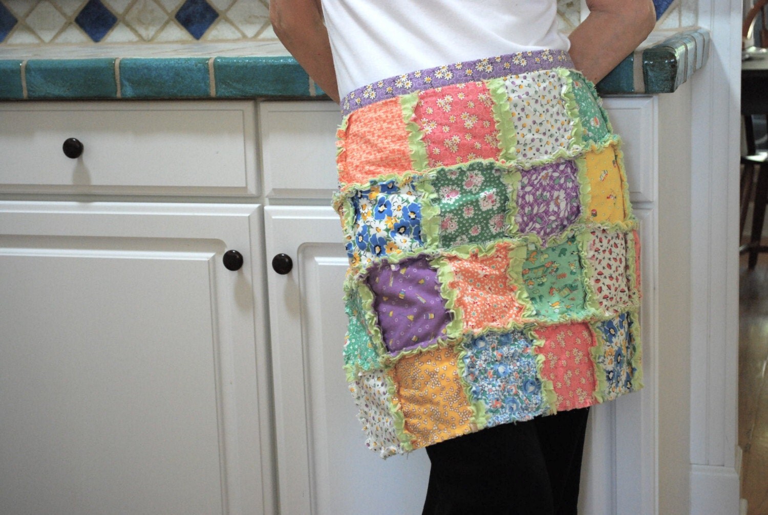 Rag quilt half apron in 1930 s reproduction prints