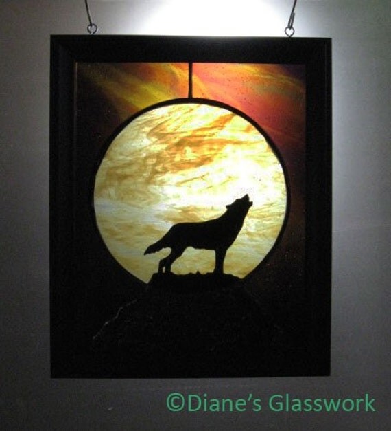 Howling Wolf Stained Glass Panel by Dianesglasswork on Etsy
