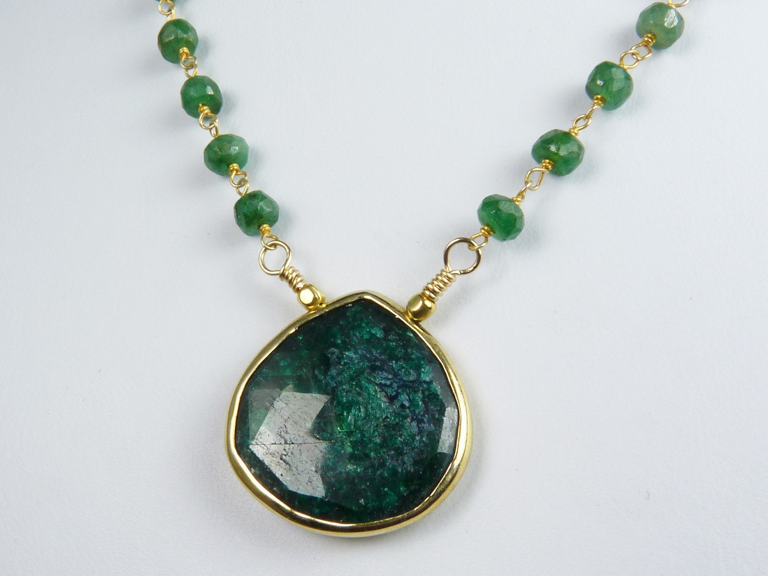 Genuine Large Emerald Necklace Bezel Set in Gold Vermeil with