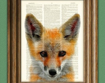 Red Fox Art Print over an upcycled vintage dictionary page book Woodland art print