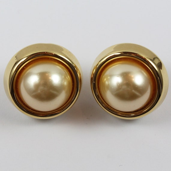 Napier Large Golden Pearl 1980s Clip On Earrings by scdvintage