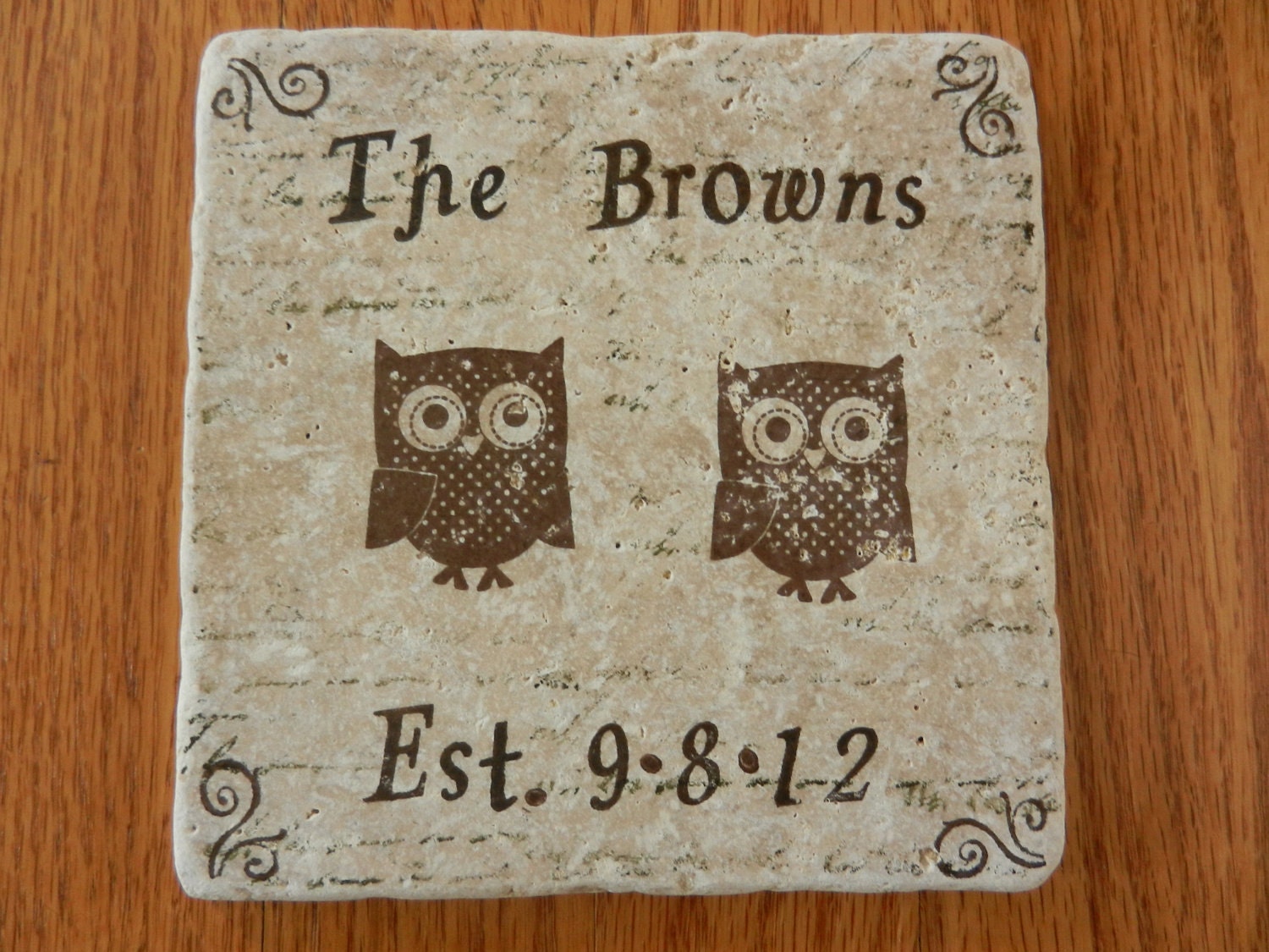 Owl Wedding Date and Name Tile Trivet 6X6 Perfect for New