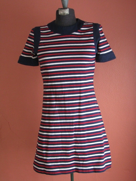 Vintage Stripe  Dress  Blue Red  and White  Mod T shirt  Style