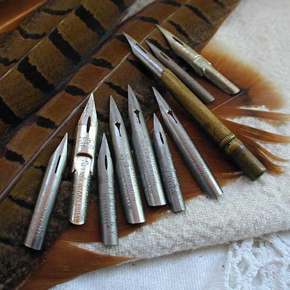 10 Vintage Fountain Pen Nibs and Brass Holder