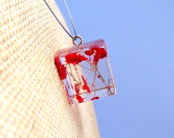 Red Resin Necklace with Real Flowers. Botanical Pendant. Handmade Resin Jewelry. Pressed Flower Necklace - Red Baby's Breath.