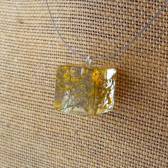 Yellow Resin Necklace. Yellow Flowers Resin Pendant. Pressed