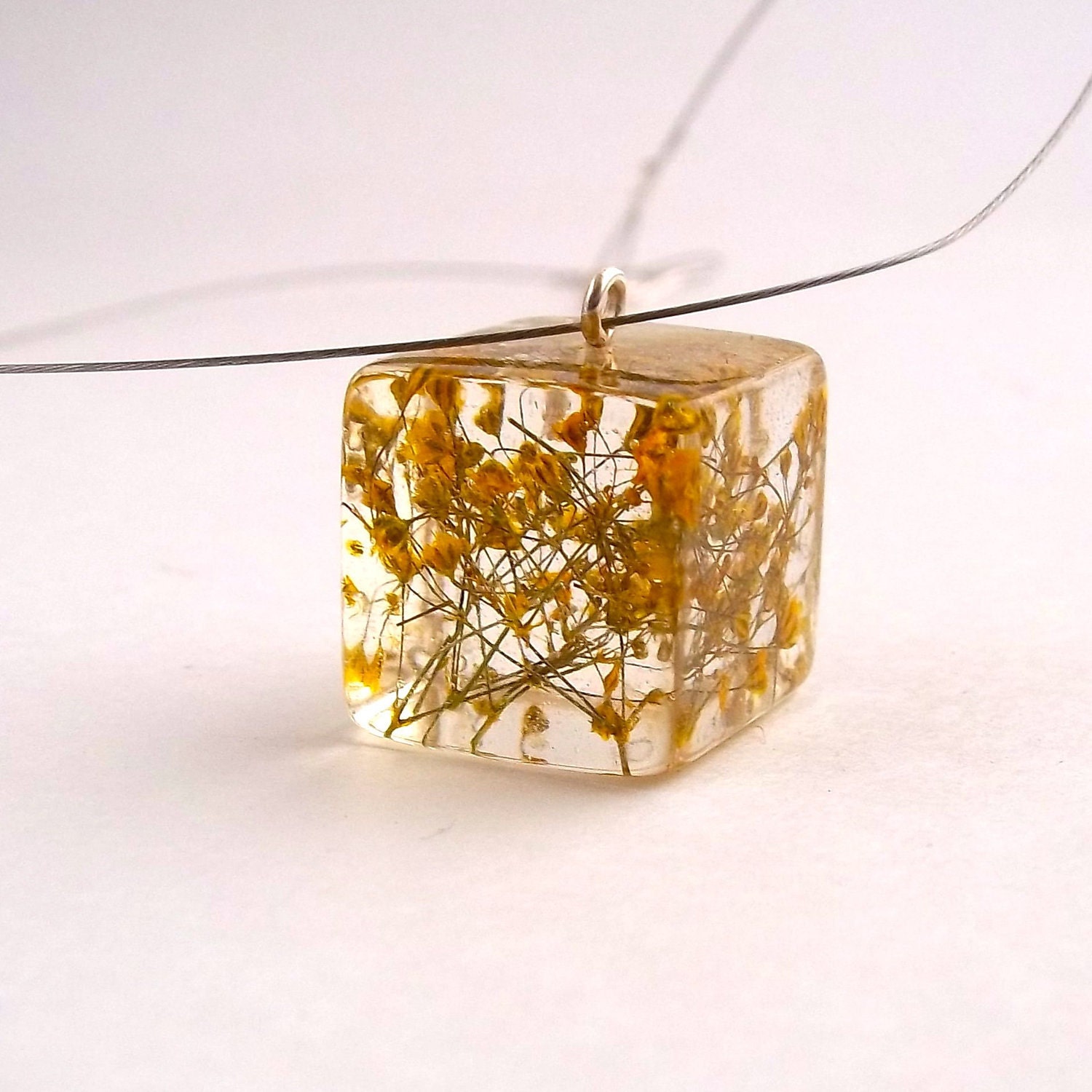 Yellow Resin Necklace. Yellow Flowers Resin Pendant. Pressed