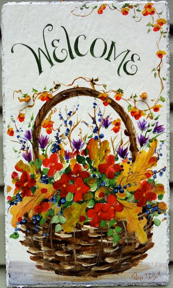 Autumn Welcome Sign Hand Painted Outdoor Slate Plaque