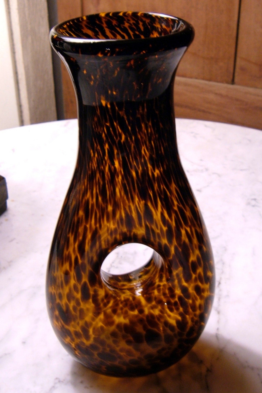 vintage HAND BLOWN GLASS VASE tortoise shell color flowing