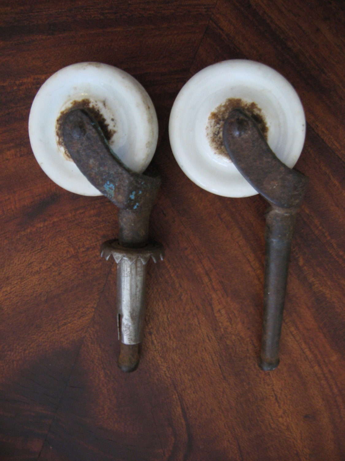 Vintage Antique White Porcelain and iron Furniture Wheels Casters