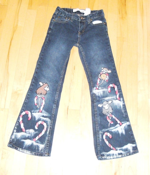 Items similar to Hand Painted Children's Christmas Mouse Jeans on Etsy