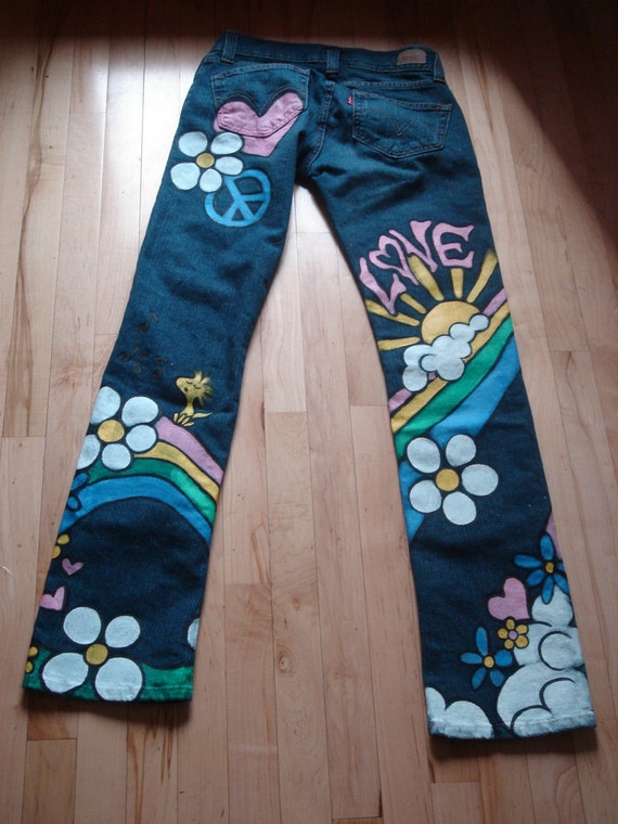 Hand Painted Snoopy Hippy Jeans by scatterbirdie on Etsy