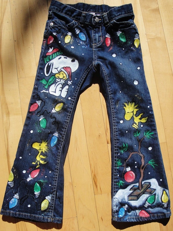 Custom Painted Christmas Snoopy jeans for Kids