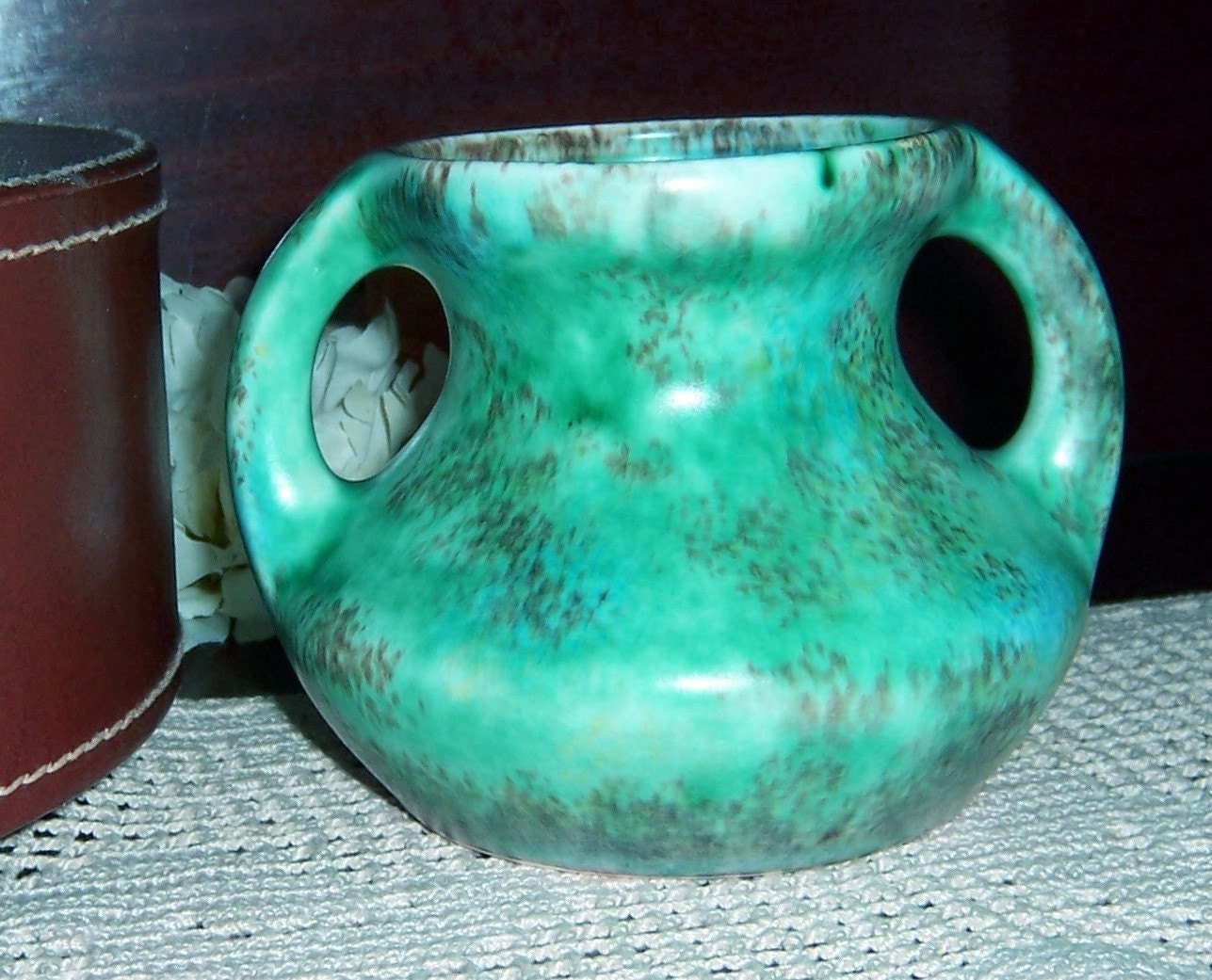 Vintage Green Glazed Ceramic Pottery 2 Handled Vase Small