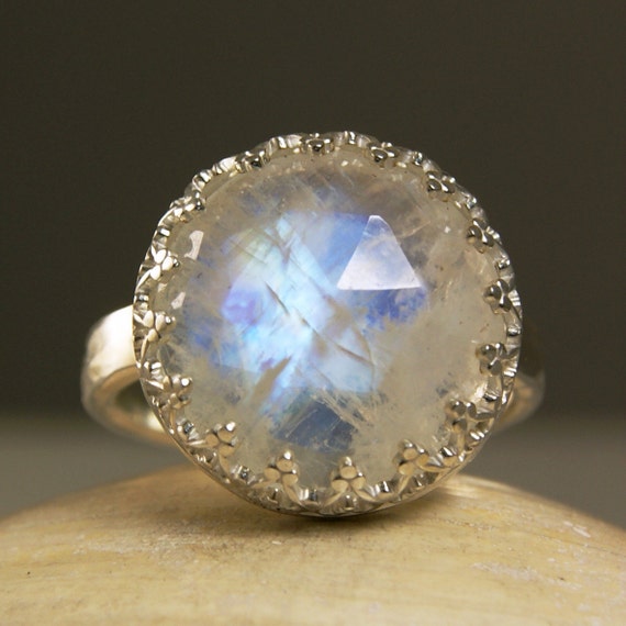 Faceted Rainbow Moonstone Ring Sterling Silver Natural Blue