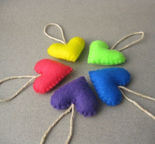 Small Felt Heart Ornaments 80s Neon Colors Recycled Felt set of 5