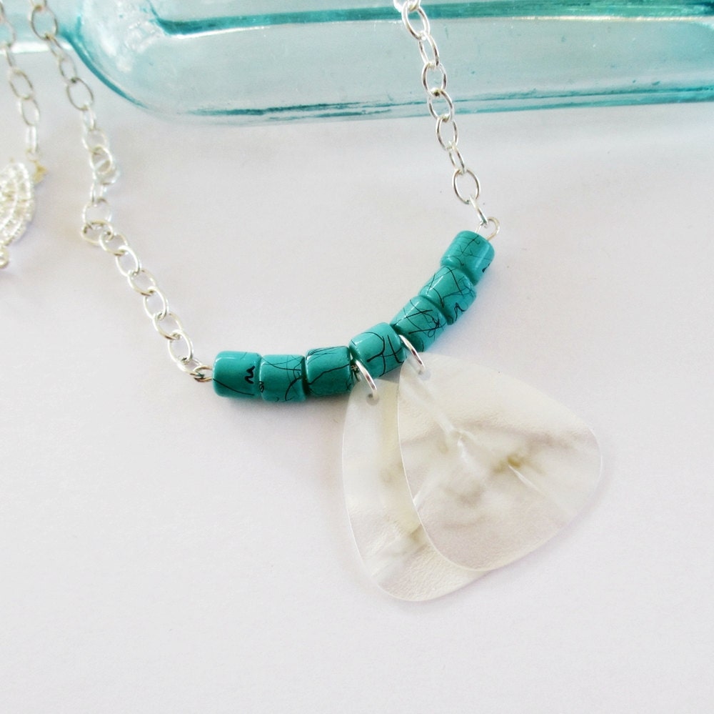 Guitar Pick Necklace Turquoise Glass White Pearloid