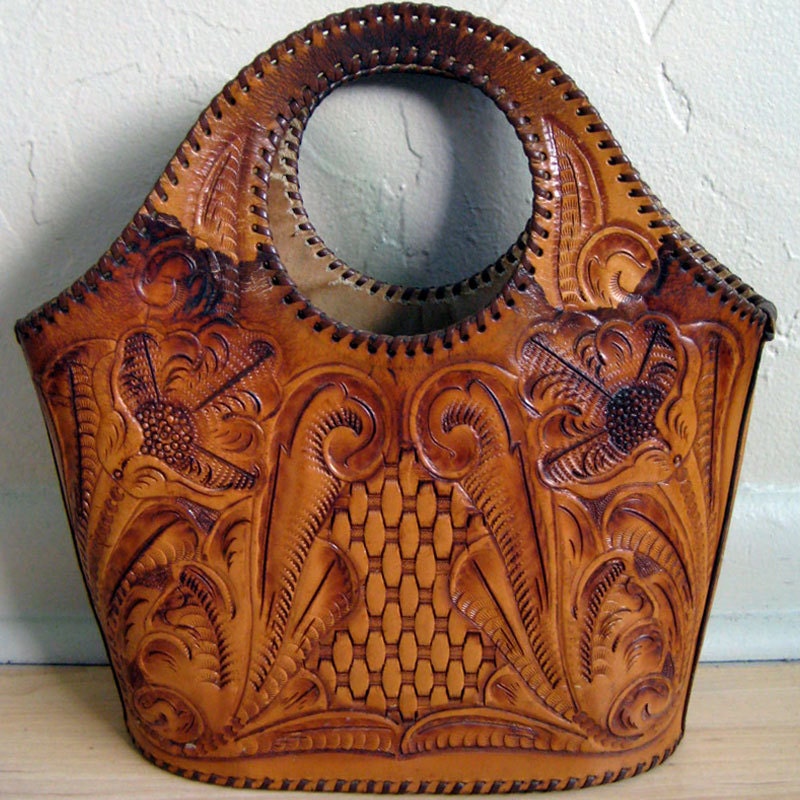 Vintage Western Tooled Leather // Bucket Handbag // S A L E