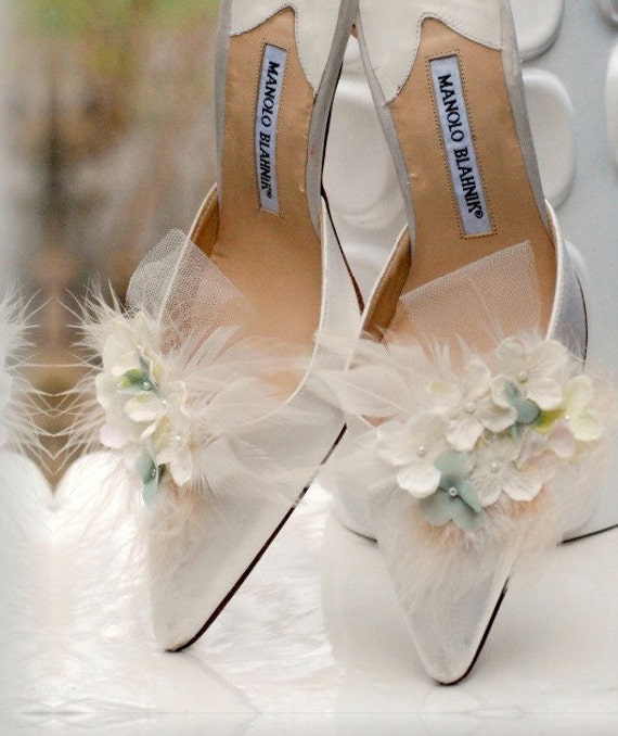 Shoe Clips Ivory & Celadon Sage Pistachio Green Hydrangeas.