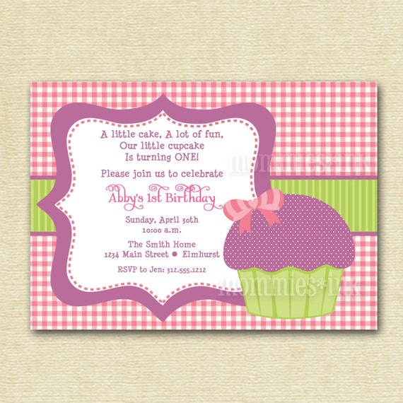 Pink Gingham and Purple Polka Dot Cupcake Birthday Invitation - PRINTABLE INVITATION DESIGN Il_570xn