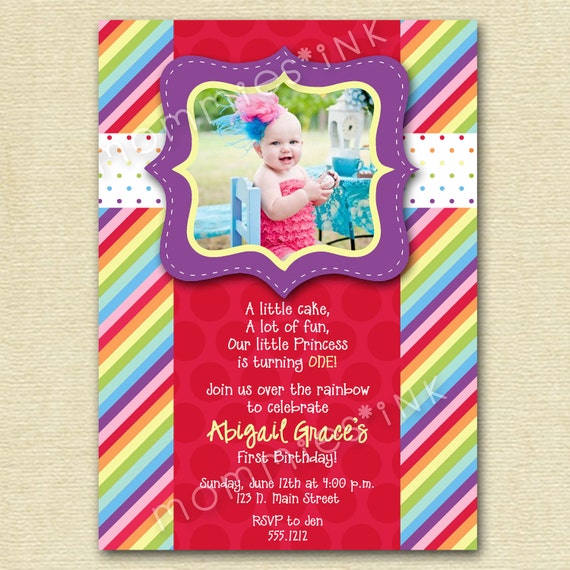 Mod Chic Rainbow Dots and Stripes Photo Birthday Invite - PRINTABLE INVITATION DESIGN Il_570xn