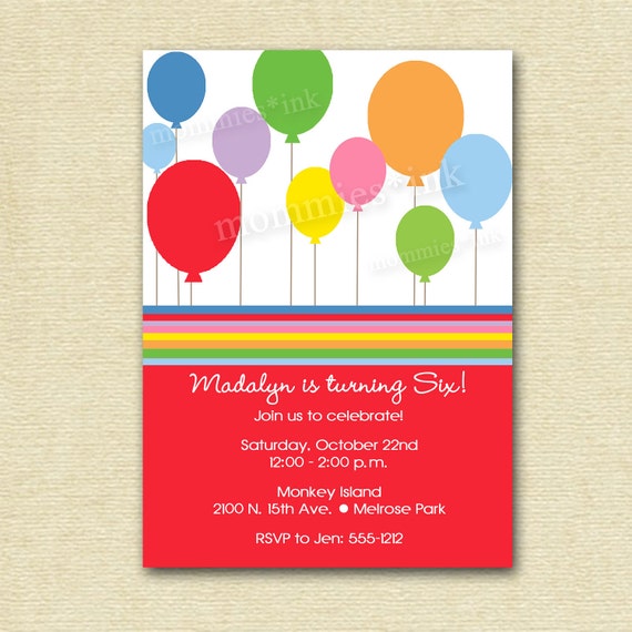 Mod Rainbow Party Balloons Birthday Invite - PRINTABLE INVITATION DESIGN Il_570xn