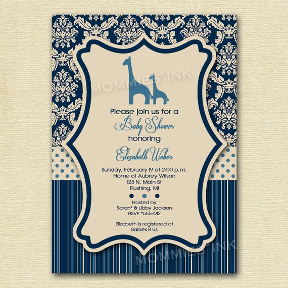 Navy Damask and Stripes Giraffe Baby Shower Invitation - PRINTABLE INVITATION DESIGN Il_570xn