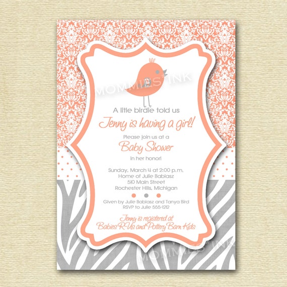 Coral and Gray Little Birdie Custom Baby Shower Invitation - PRINTABLE INVITATION DESIGN Il_570xn