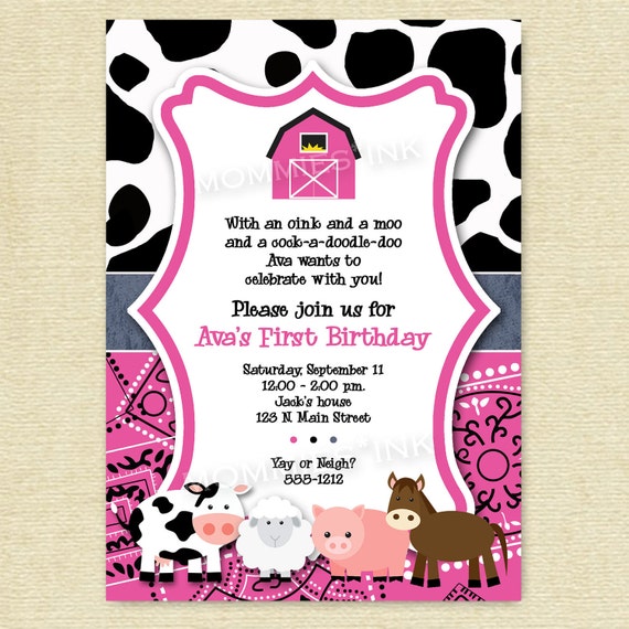 Pink Mod Farm Animals Birthday Party Invite - PRINTABLE INVITATION DESIGN
