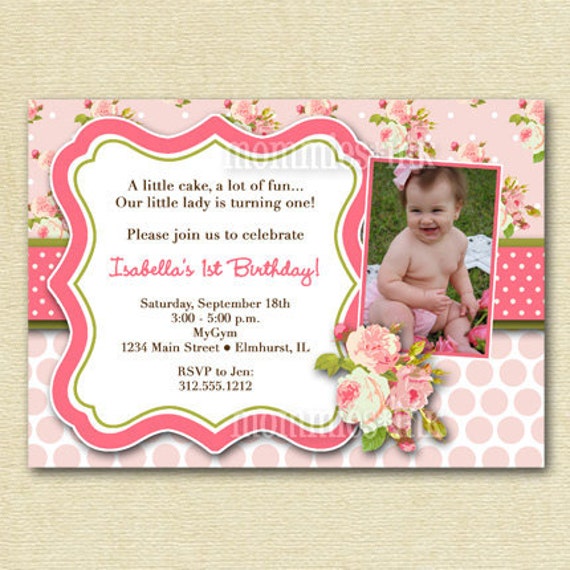 Shabby Chic Pink Roses with Pink Polka Dots Photo Birthday Party Invitation Invite - PRINTABLE INVITATION DESIGN Il_570xn
