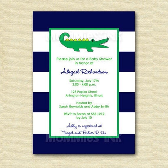 Preppy Alligator Gator Baby Shower Invitation - Navy, White and Green - PRINTABLE INVITATION DESIGN Il_570xn